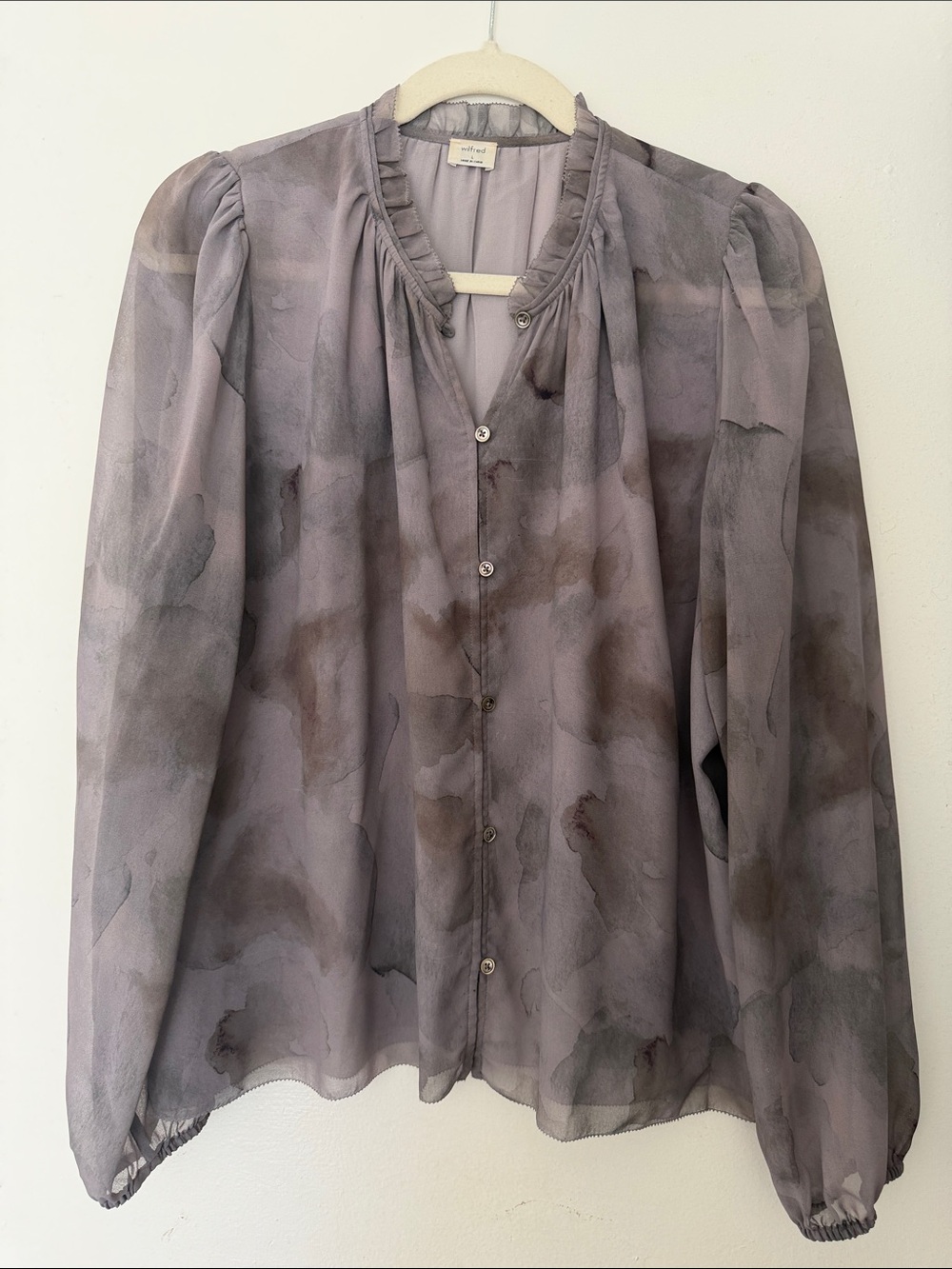 Wilfred by Aritzia Blouse Women's Large Sheer Gray Taupe Watercolor